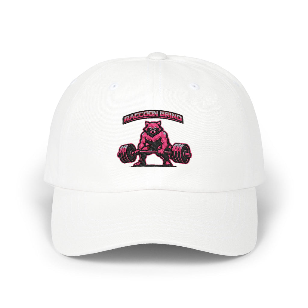 RACCOON GRIND EMBROIDERED DAD CAP — UNISEX PINK GYM MASCOT