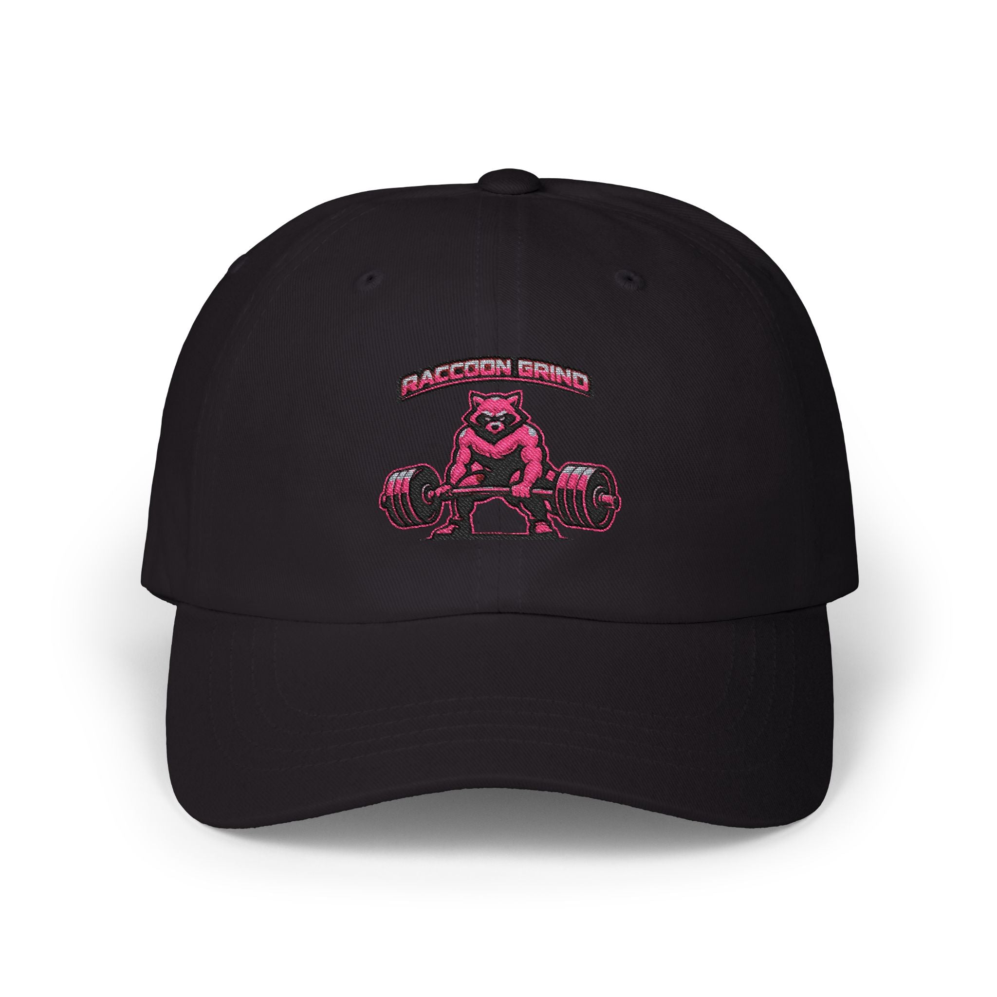 RACCOON GRIND EMBROIDERED DAD CAP — UNISEX PINK GYM MASCOT