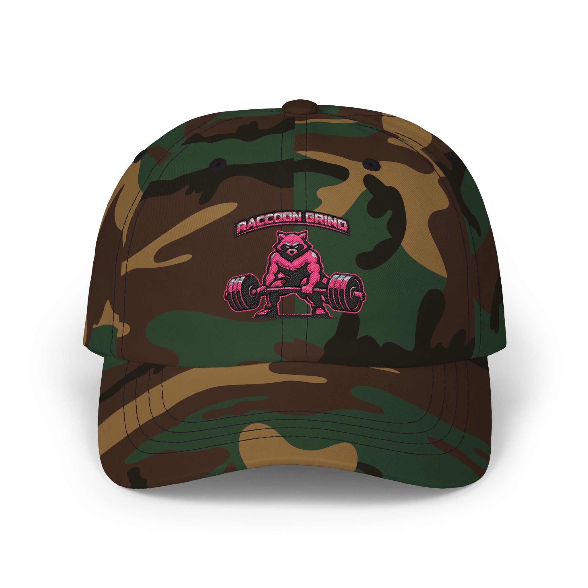 RACCOON GRIND EMBROIDERED DAD CAP — UNISEX PINK GYM MASCOT