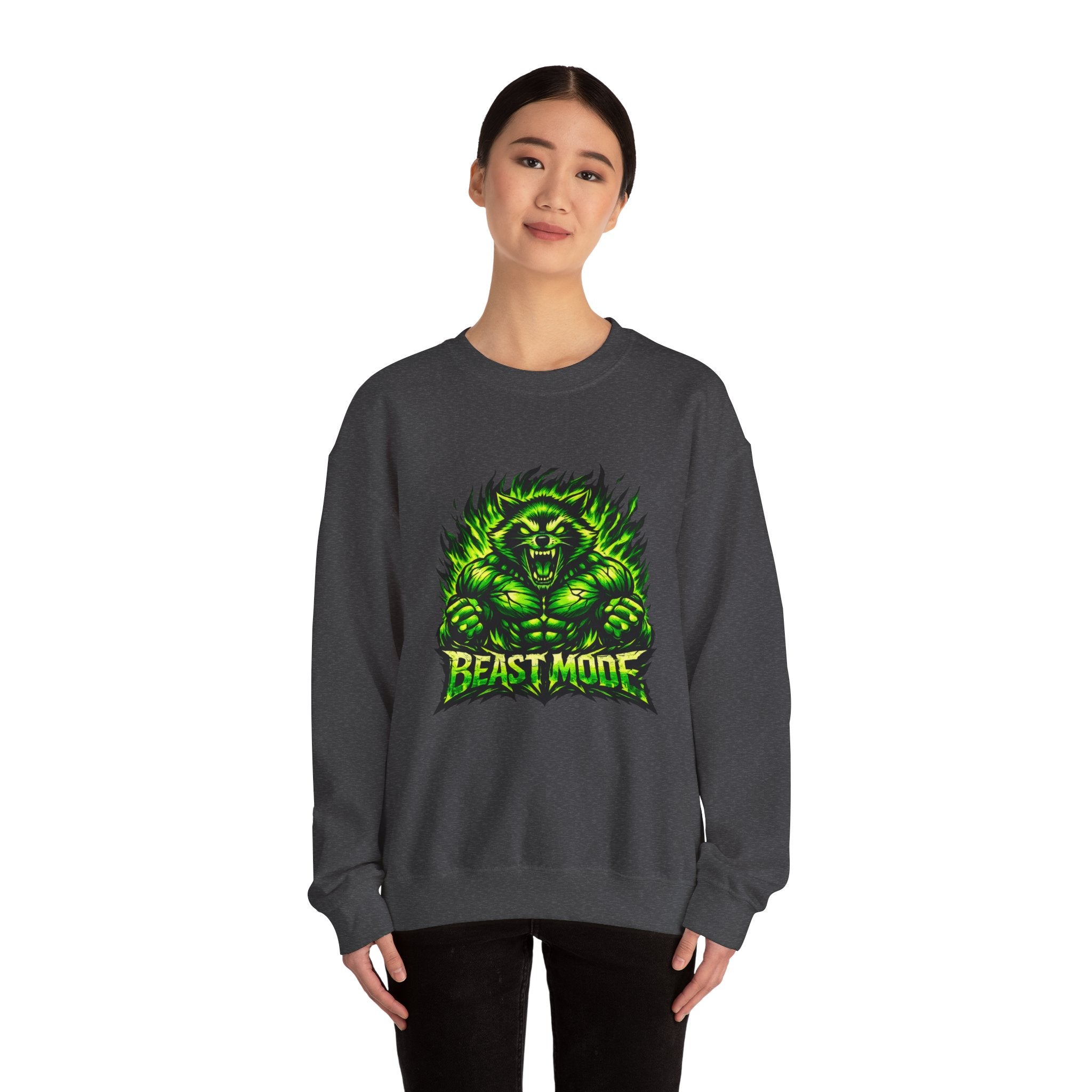 BEAST MODE GREEN MONSTER CREWNECK — UNISEX NEON FITNESS GRAPHIC SWEATSHIRT