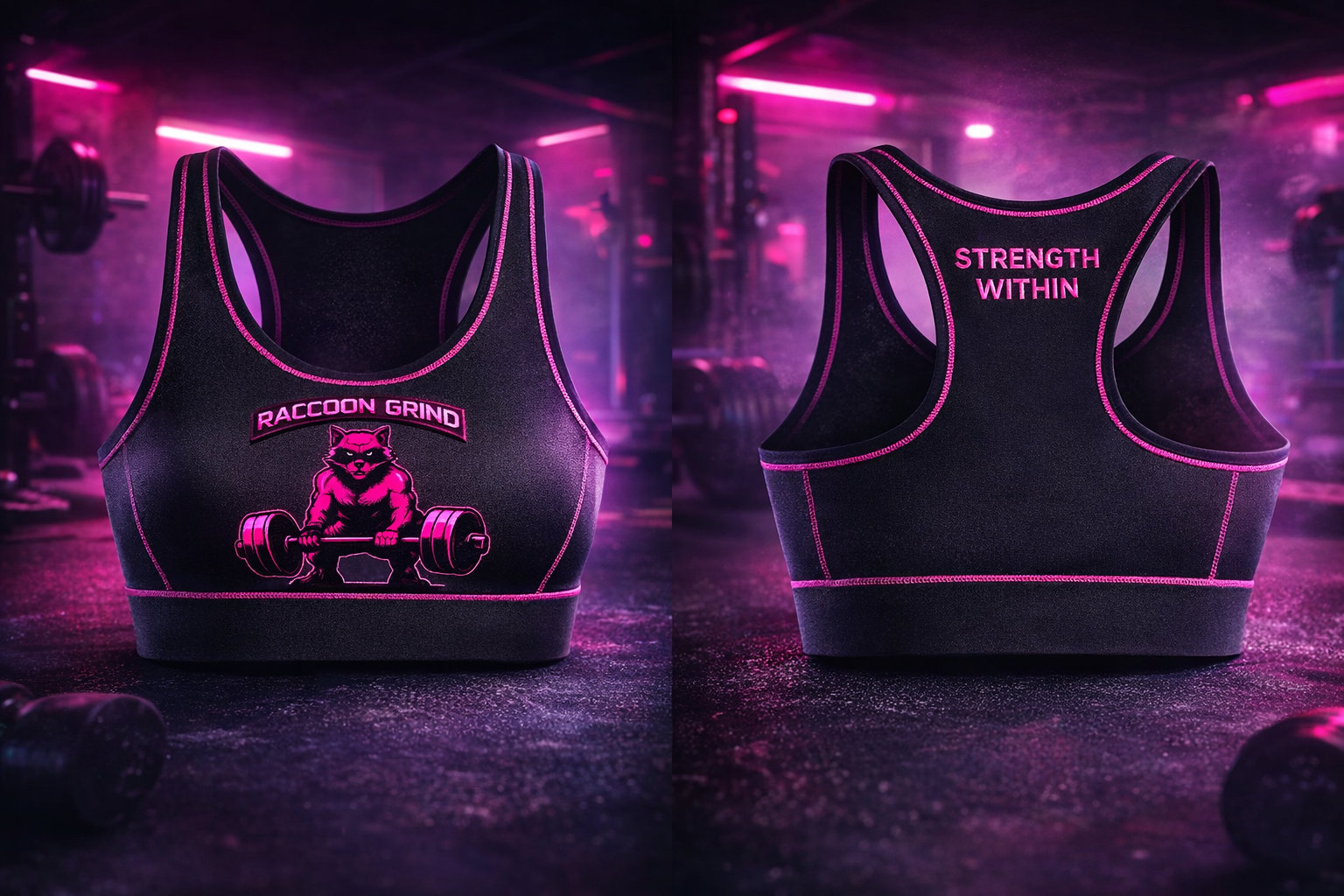 Raccoon Grind Women’s Gym Sports Bra – Black & Pink Strength Workout Crop Top